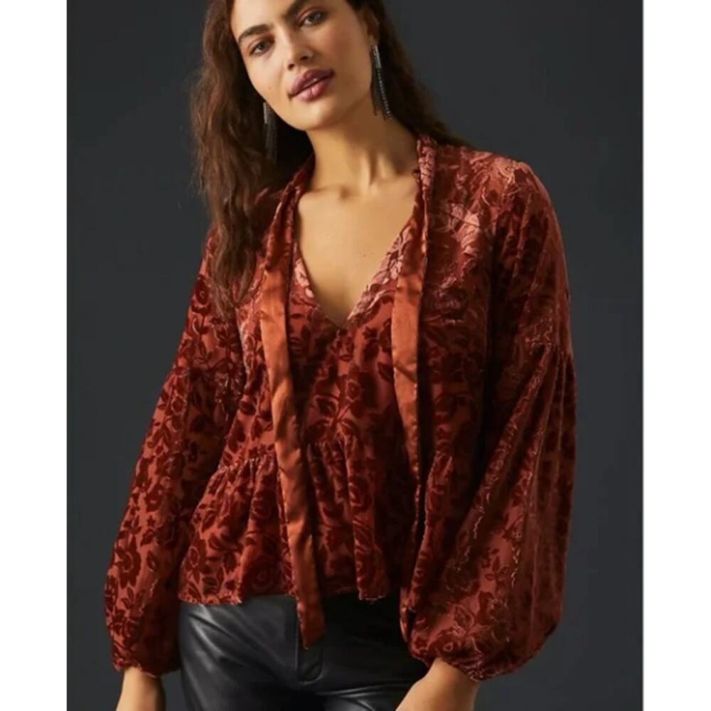 Anthropologie‎ Velvet Burnout Blouse Tie Neck Floral Peplum Sienna Brown NWT XS